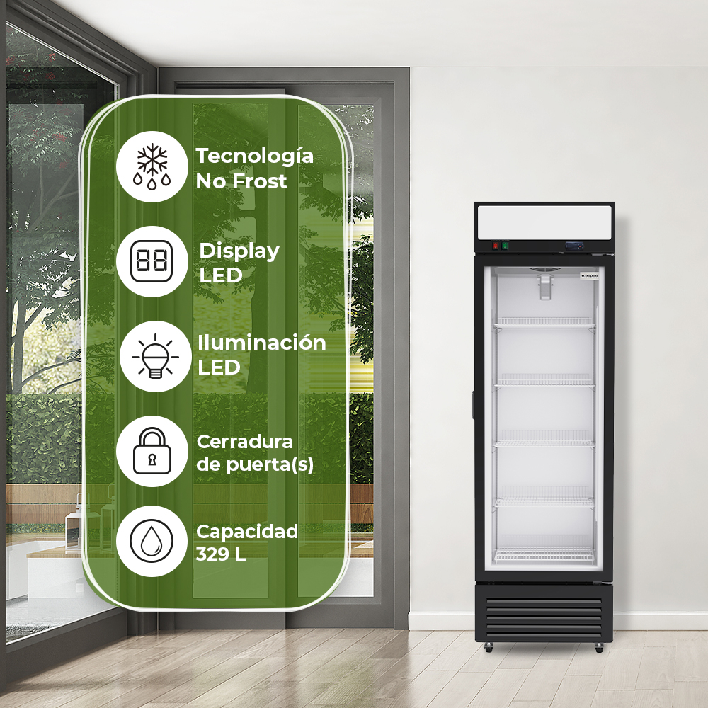 Un refrigerador negro con puerta de cristal está en una habitación. Características del producto a la izquierda.