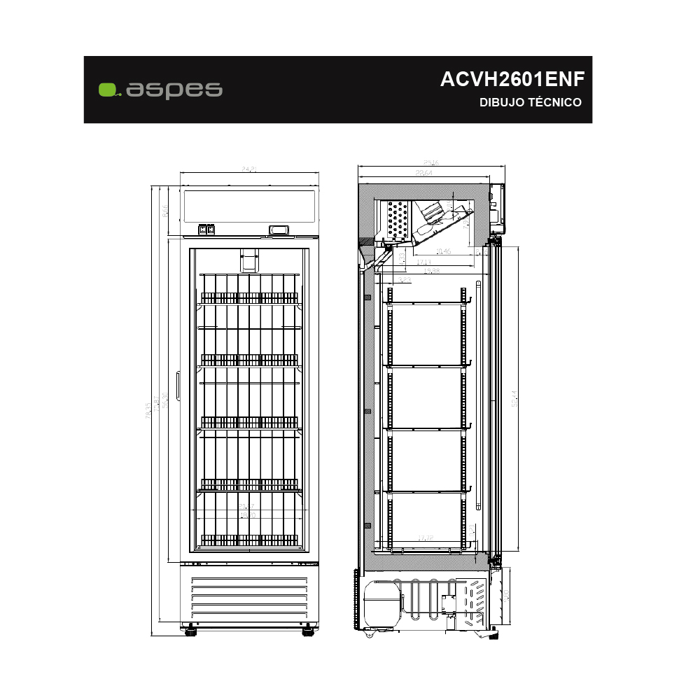 Dibujo técnico de un refrigerador vertical Aspes, vistas frontal y lateral con dimensiones.