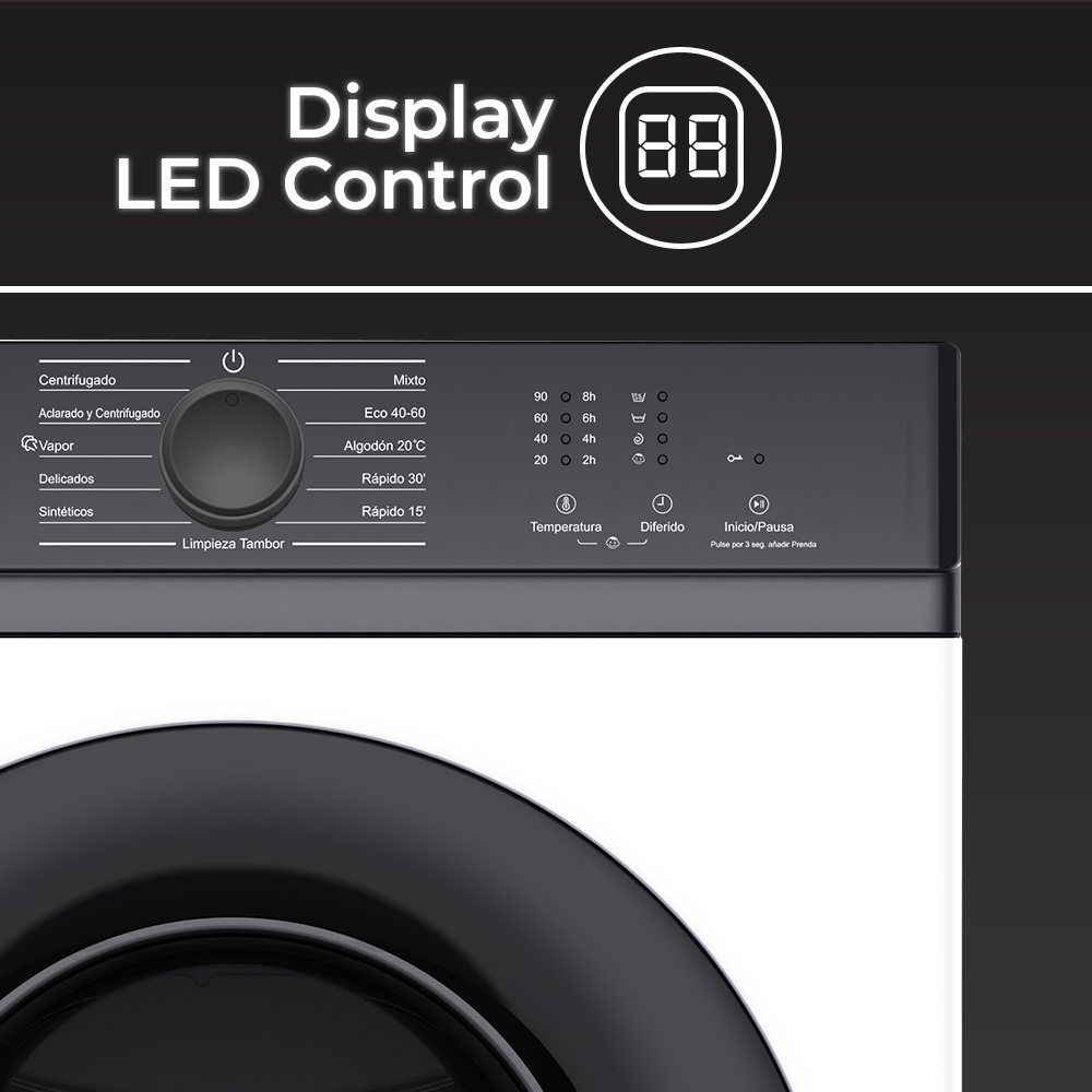 Panel de control de lavadora con pantalla LED y dial de programas.