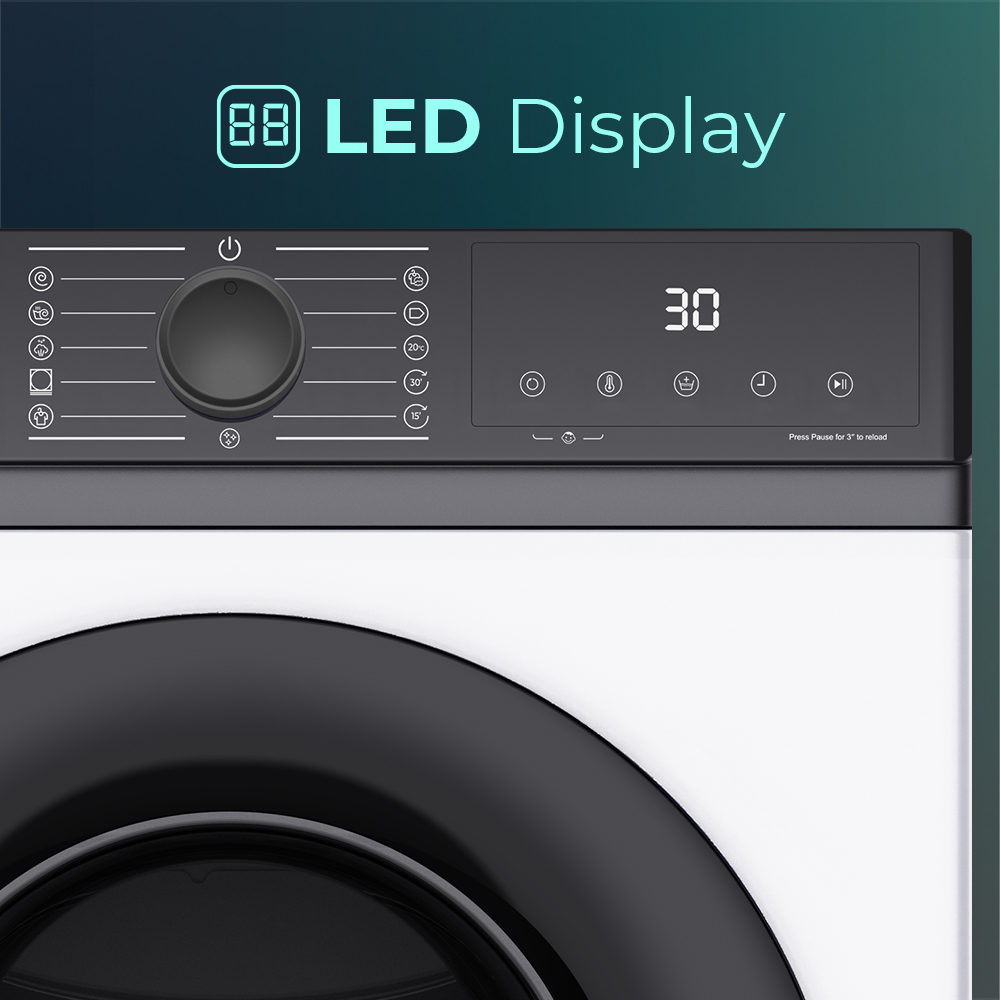 Panel de control de lavadora con dial, pantalla LED e iconos.