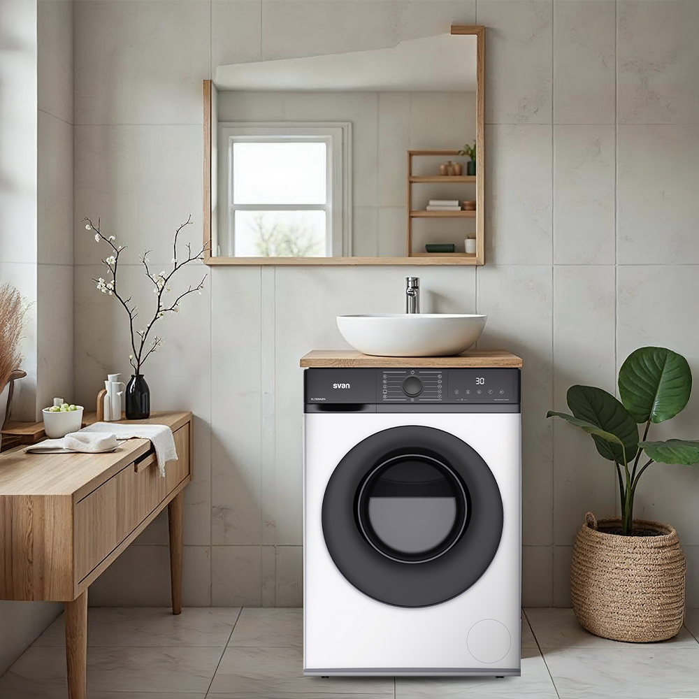 Un baño con lavadora, lavabo, espejo y consola de madera.
