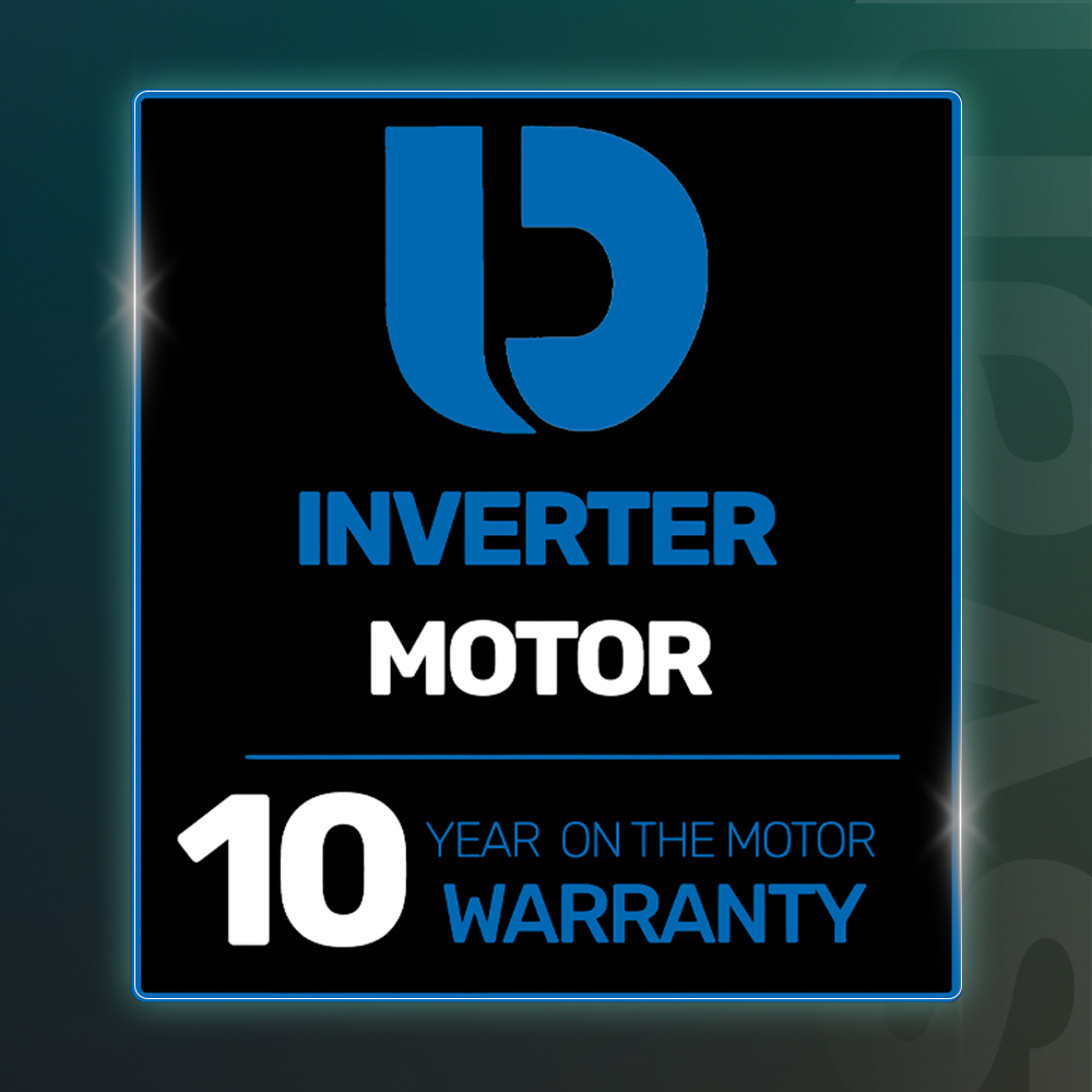 Logo azul, 'INVERTER MOTOR' y '10 YEAR WARRANTY' en negro.