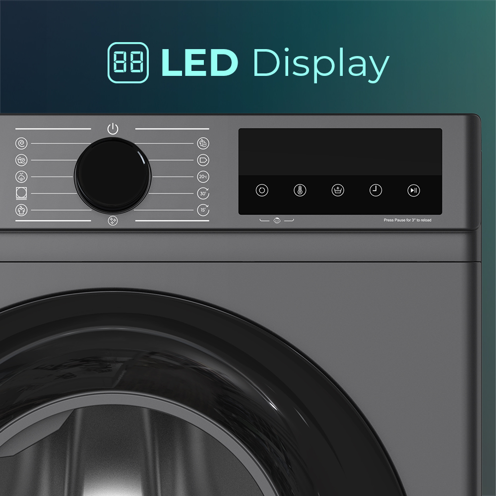 Lavadora gris con dial negro y pantalla LED.