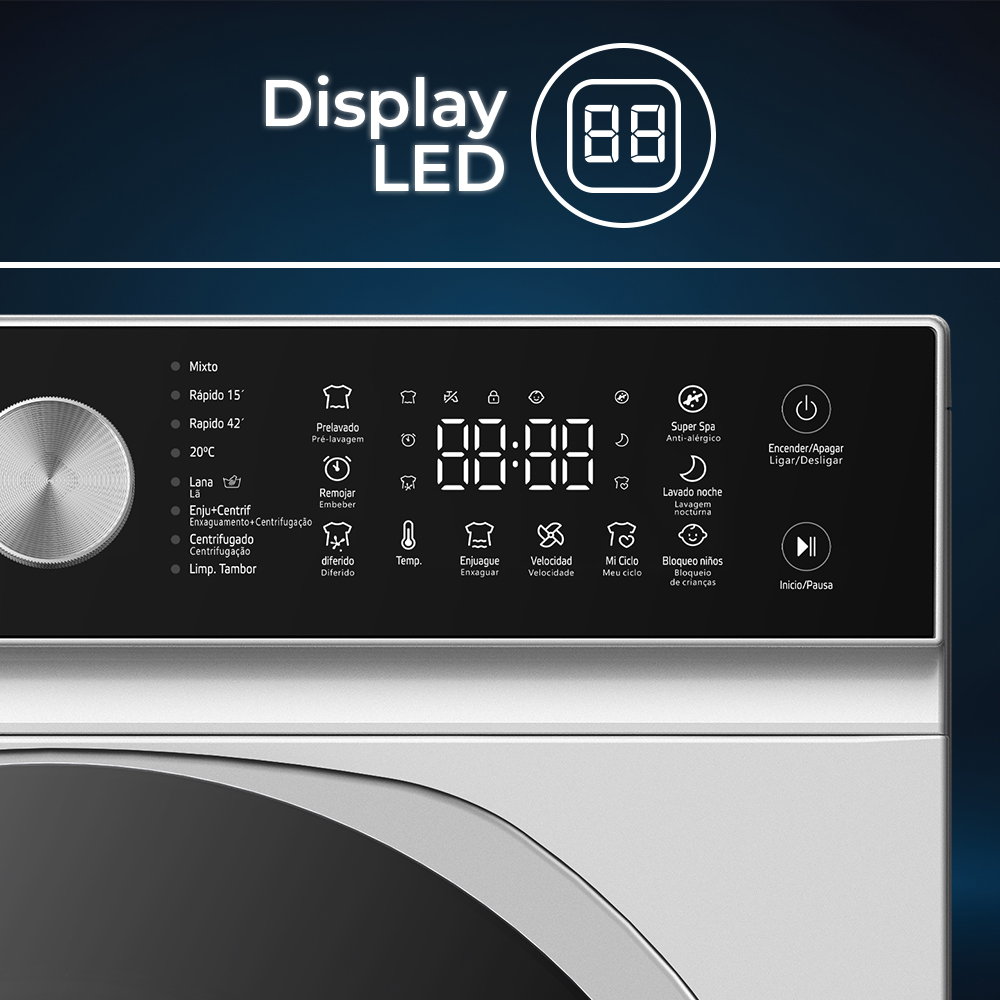 Panel de control de lavadora con dial, pantalla LED y selección de programa.