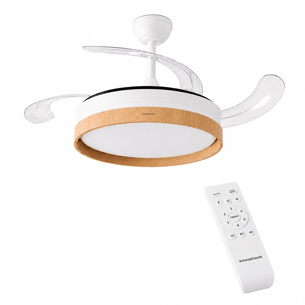 Un ventilatore da soffitto bianco con pale trasparenti retrattili e finitura effetto legno, con telecomando.