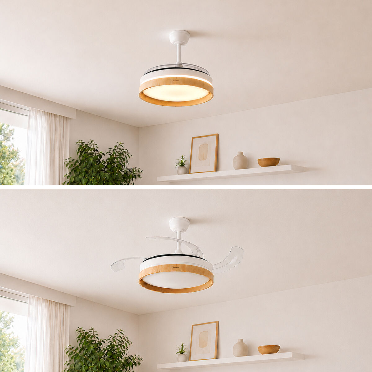 Una ventola da soffitto moderna con luce, mostrata con pale retratte ed estese.