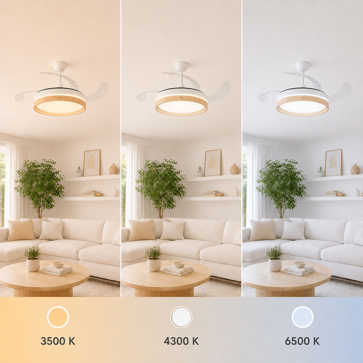 Deckenventilator-Leuchte in drei Lichtfarben: warmweiß, neutralweiß und kaltweiß.