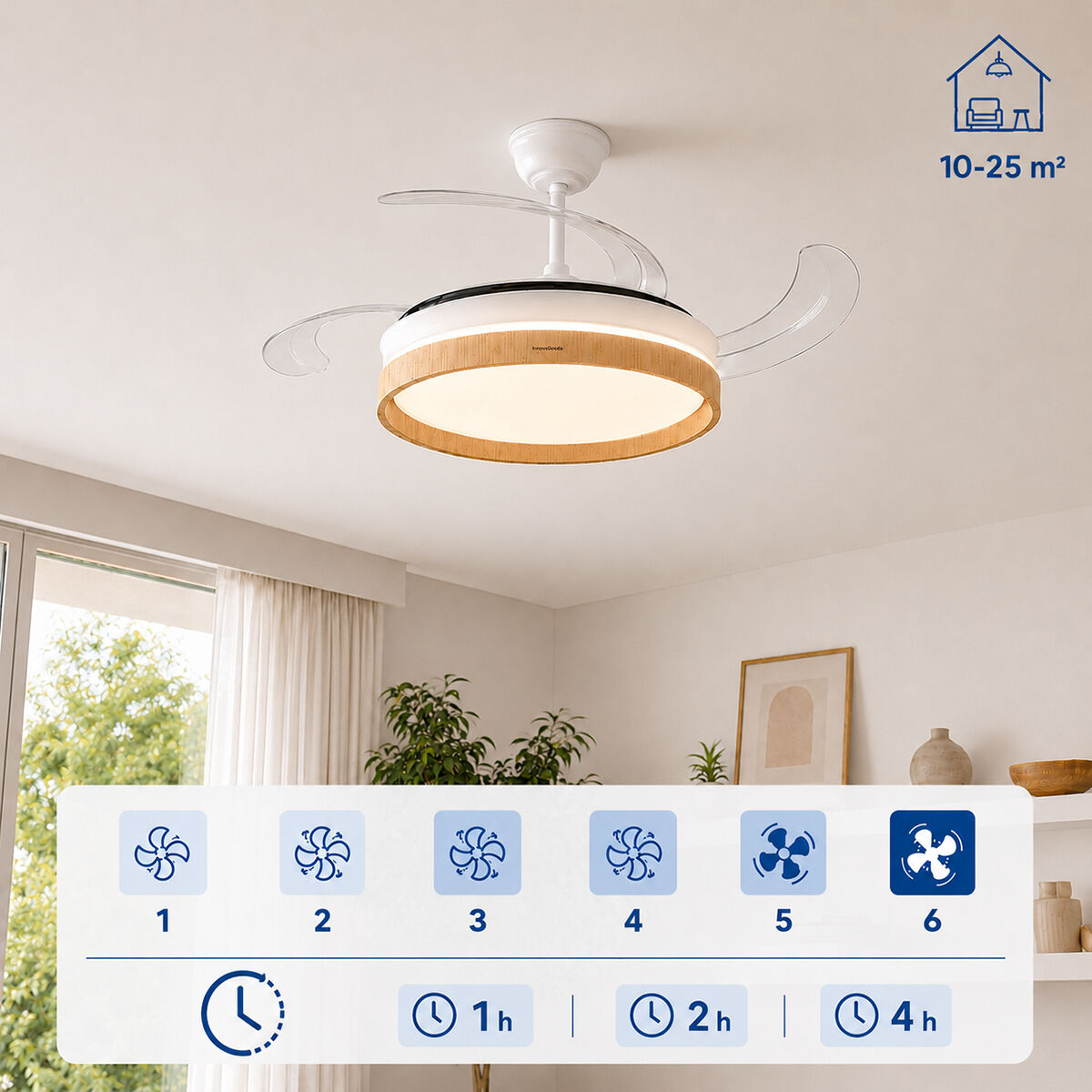 Ventilatore da soffitto con luce e accenti in legno, 6 velocità, timer. Adatto per 10-25 m².