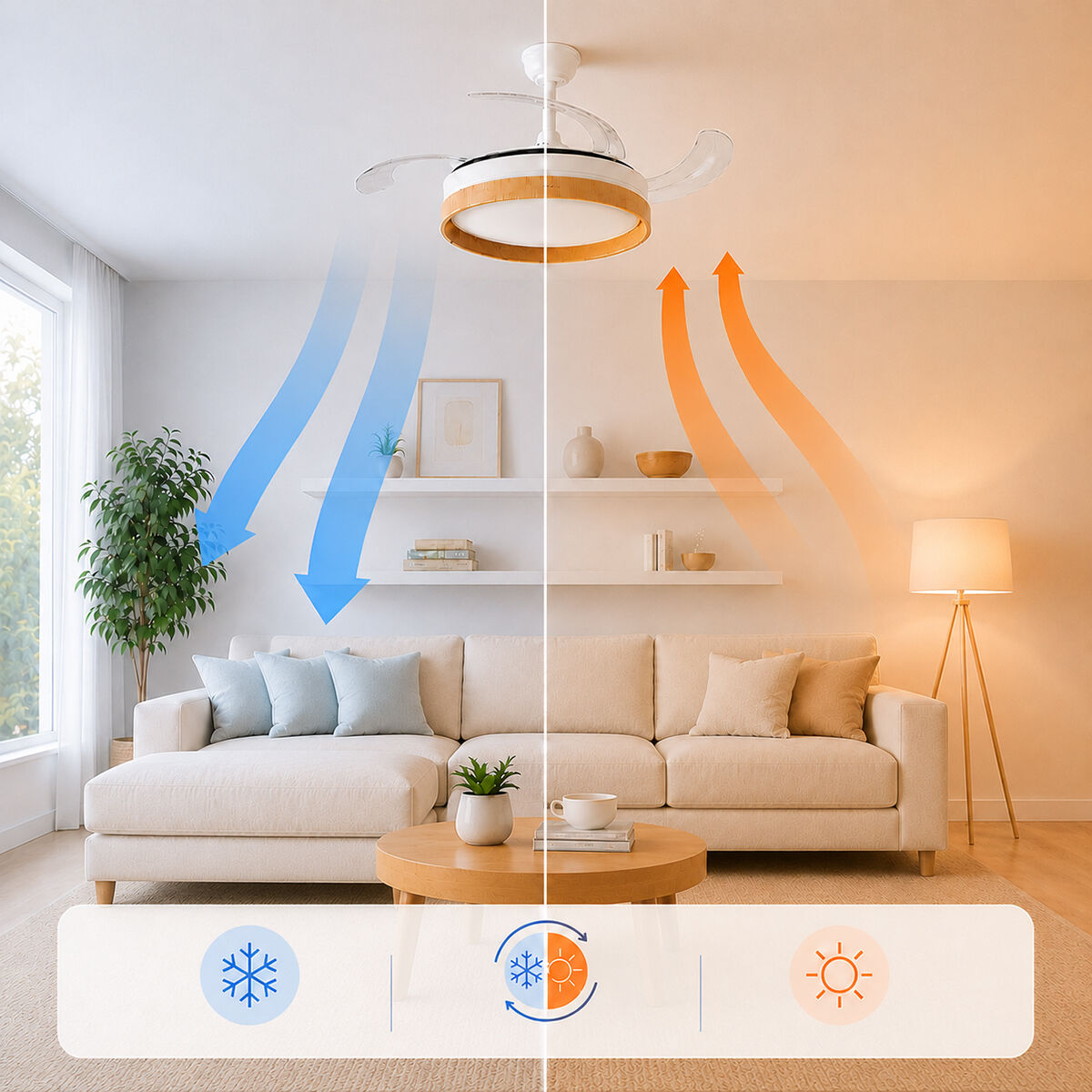 Ventilatore da soffitto con luce, che soffia aria fredda verso il basso e aria calda verso l'alto.