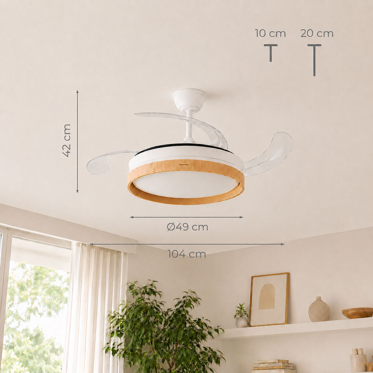 Ventilatore da soffitto con luce, dimensioni 42cm A, 49cm Ø, 104cm estensione.