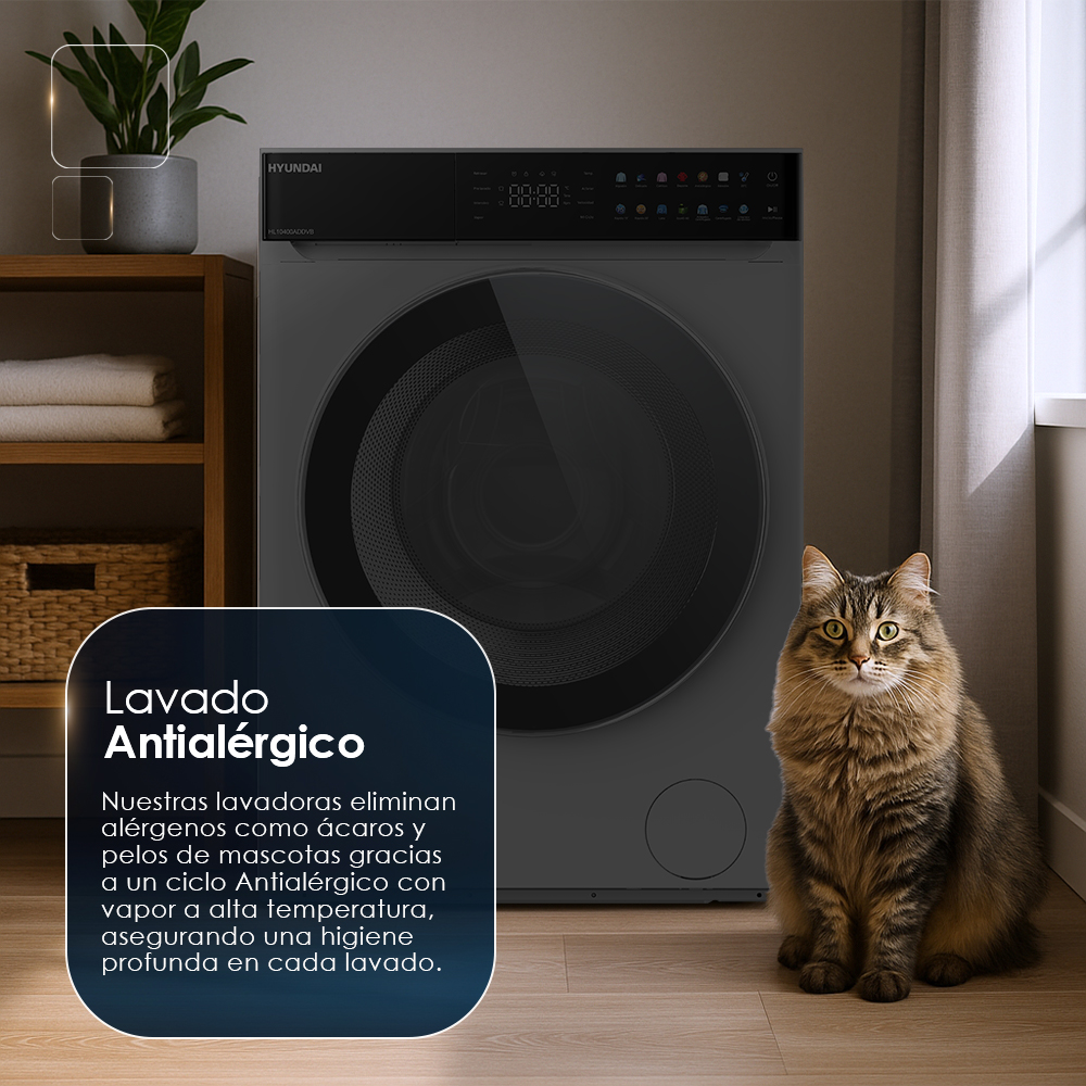 Una lavadora con un gato marrón esponjoso al lado. Texto en español.