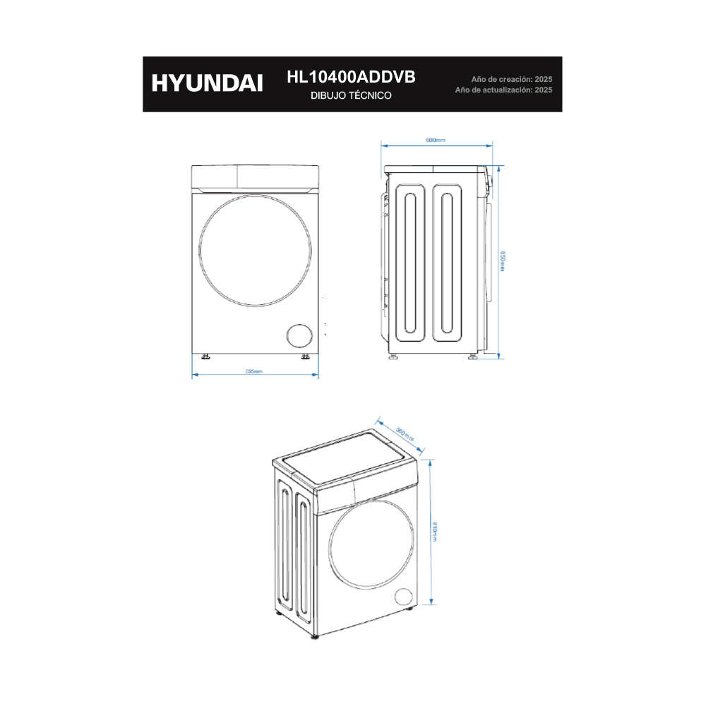 Dibujo técnico de una lavadora Hyundai con dimensiones.