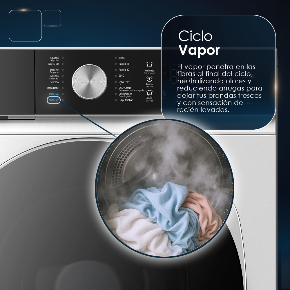 Una lavadora con ciclo de vapor que deja la ropa fresca.
