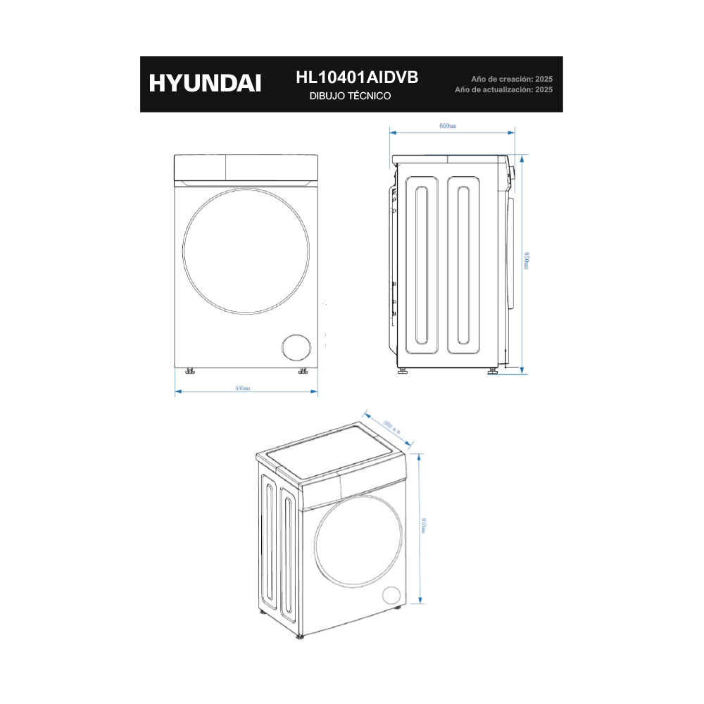 Dibujo técnico de una lavadora Hyundai con dimensiones.