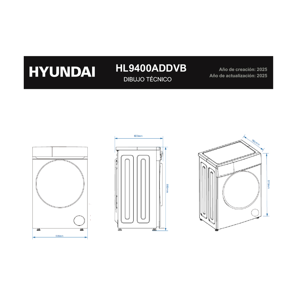 Dibujo técnico de una lavadora Hyundai con dimensiones.