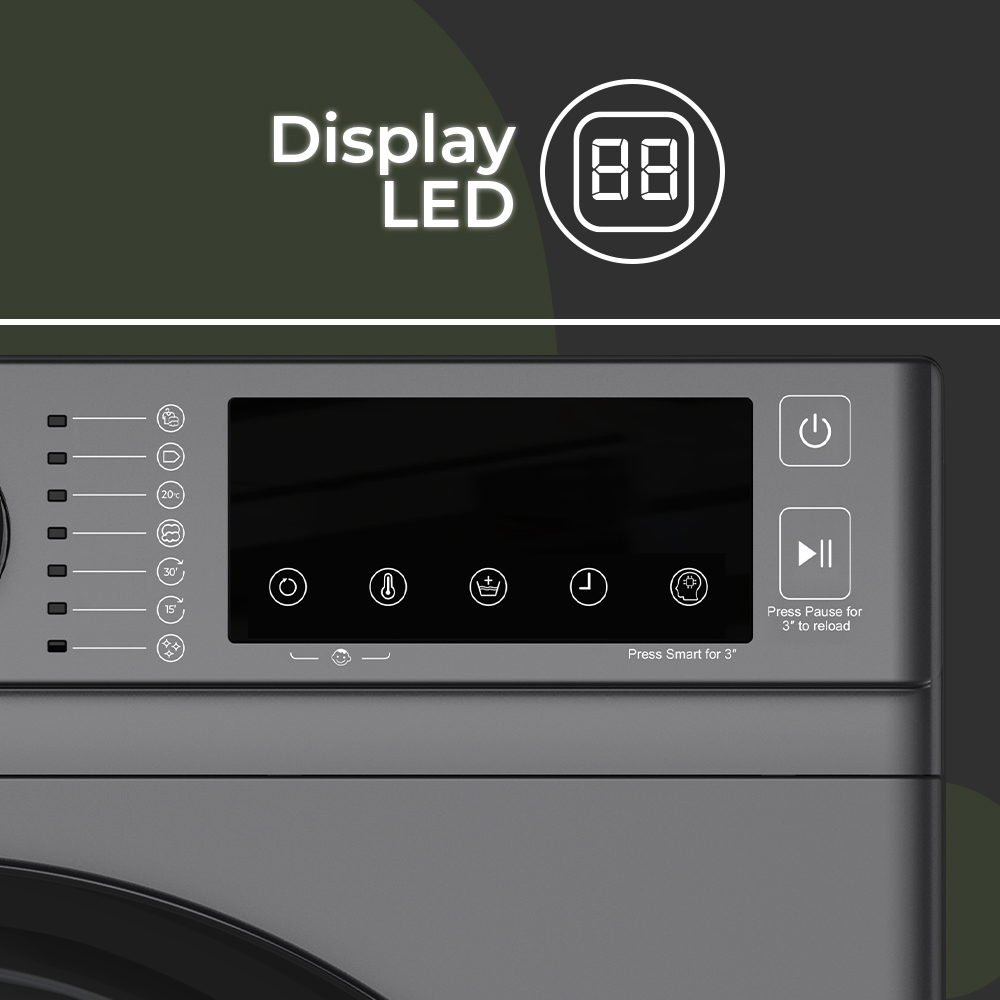 Panel de control de lavadora con pantalla LED e iconos.