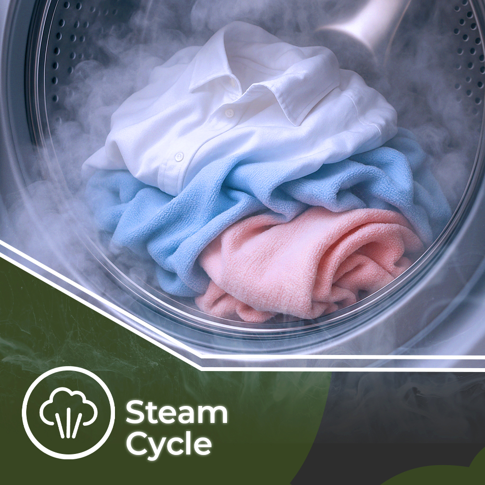 Una camisa blanca, una prenda azul y una rosa dentro de una secadora con vapor.