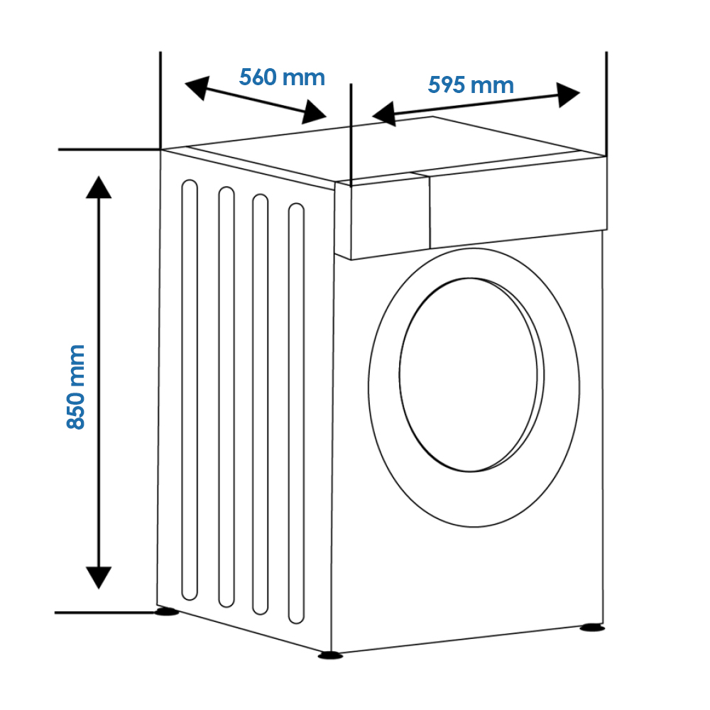Dibujo técnico de una lavadora con dimensiones: alto 850 mm, ancho 560 mm, fondo 595 mm.