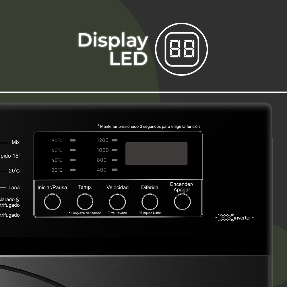 Panel de control de lavadora mostrando opciones de temperatura, velocidad y selección de programa.