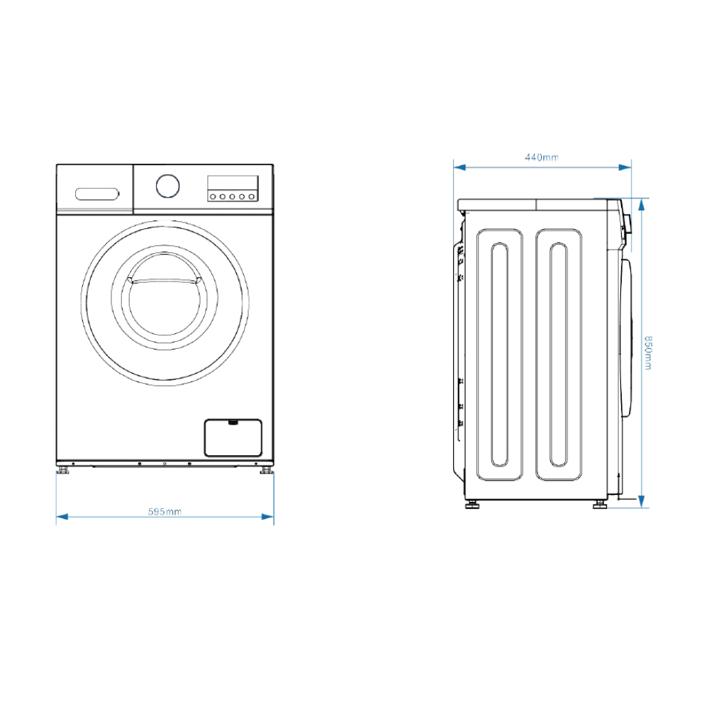 Dibujo técnico de una lavadora con dimensiones de ancho, profundidad y alto.