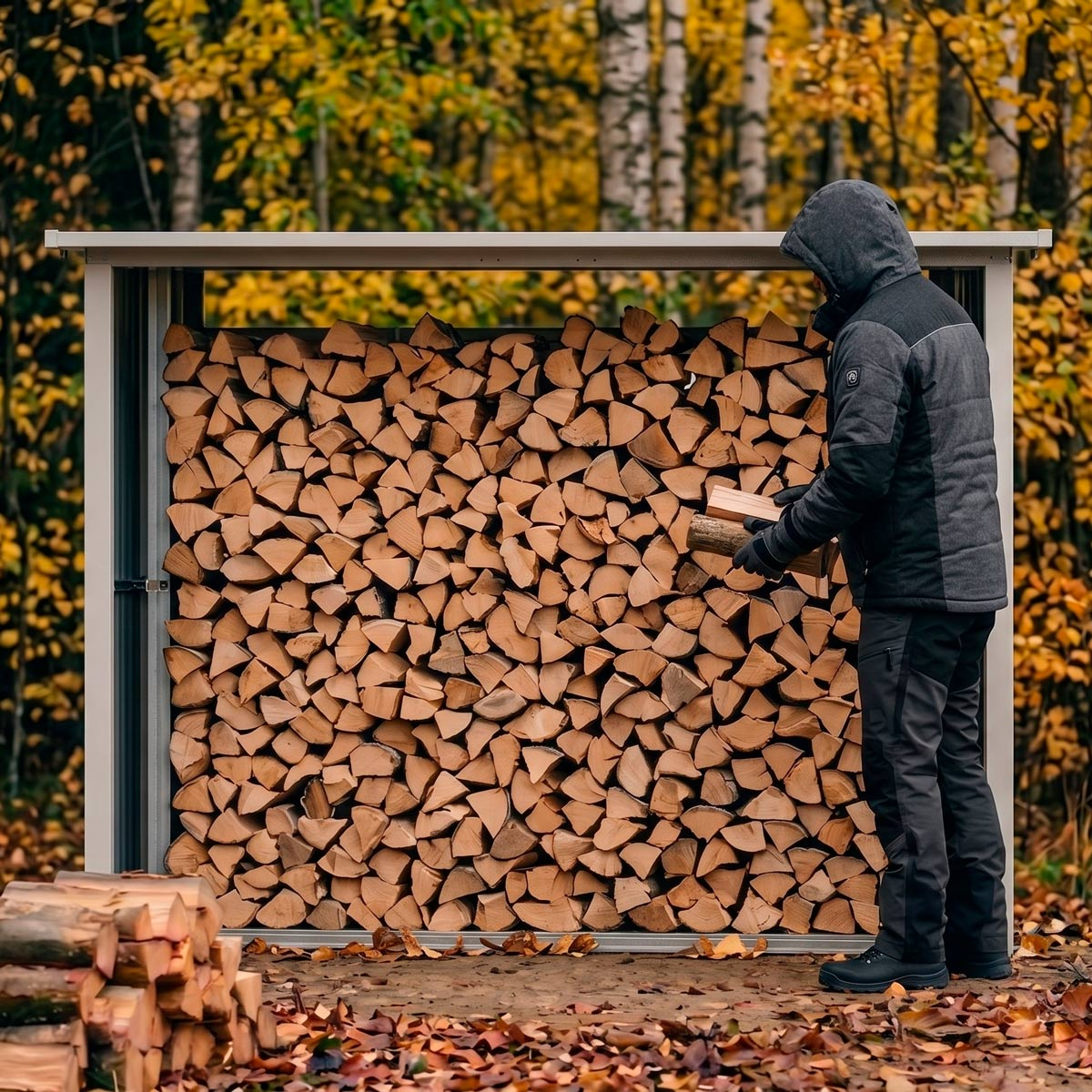 Mann legt Holzscheite in einen Holzstapel vor einem Wald im Herbst.