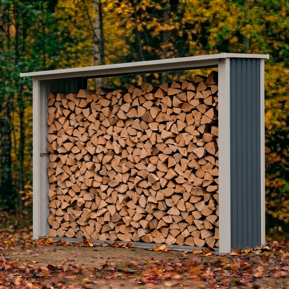Ein Holzunterstand ist voll mit Holzscheiten vor einem Wald mit Herbstblättern.