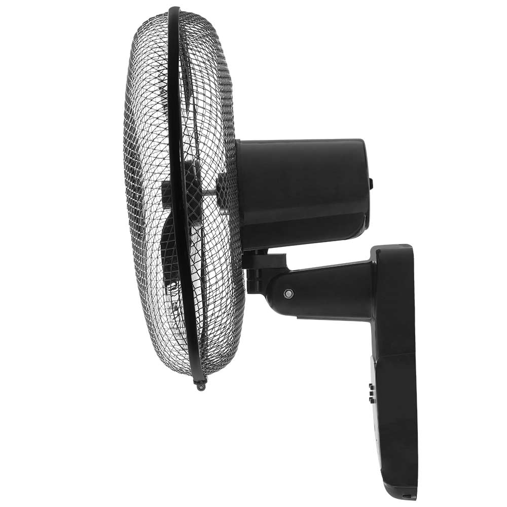 Un ventilador negro de pared con rejilla protectora y motor se muestra de lado.