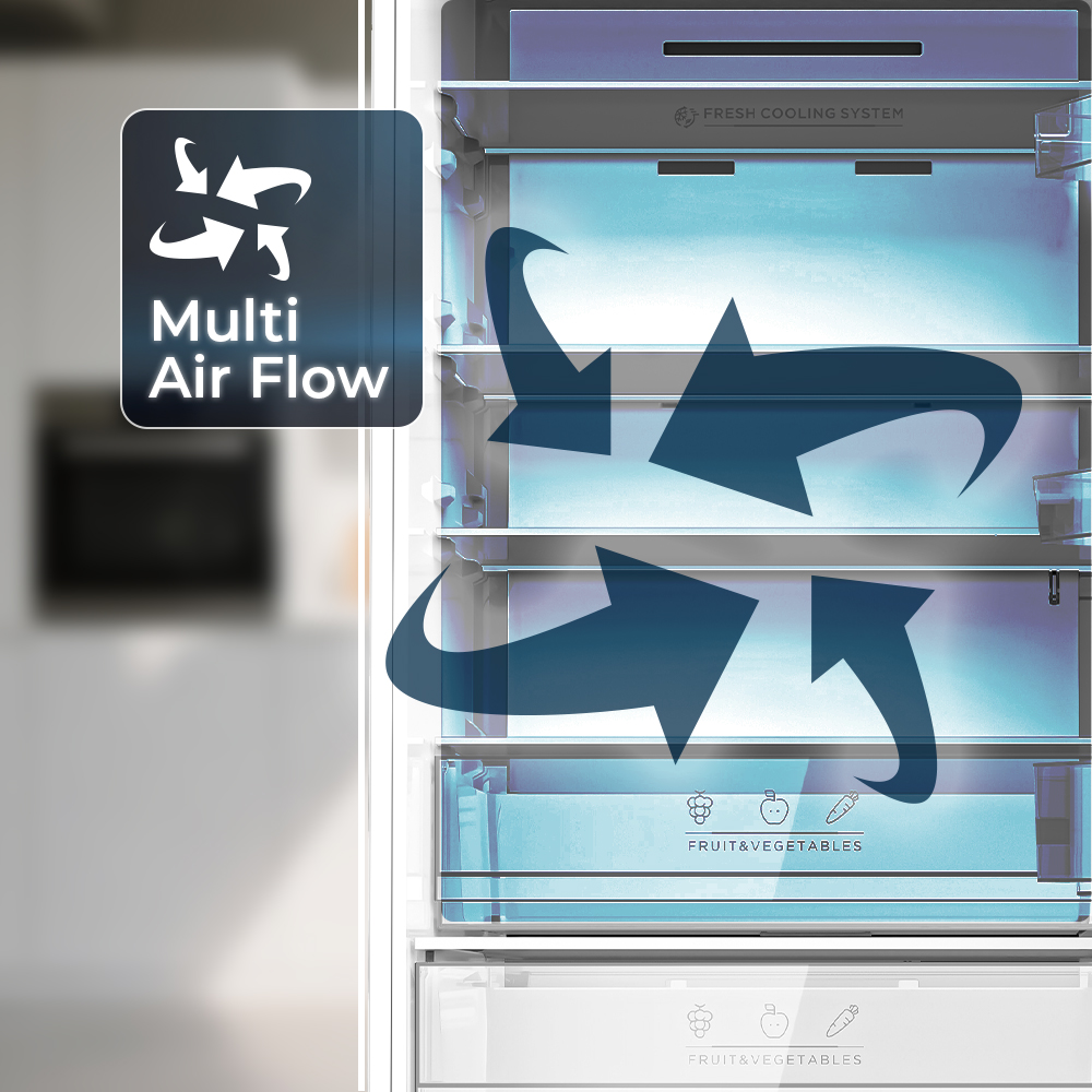 Interior de frigorífico con gráfico "Multi Air Flow" y flechas de circulación de aire.