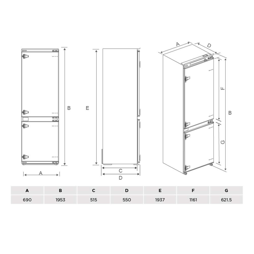 Dibujo técnico de un refrigerador con dimensiones y etiquetas.