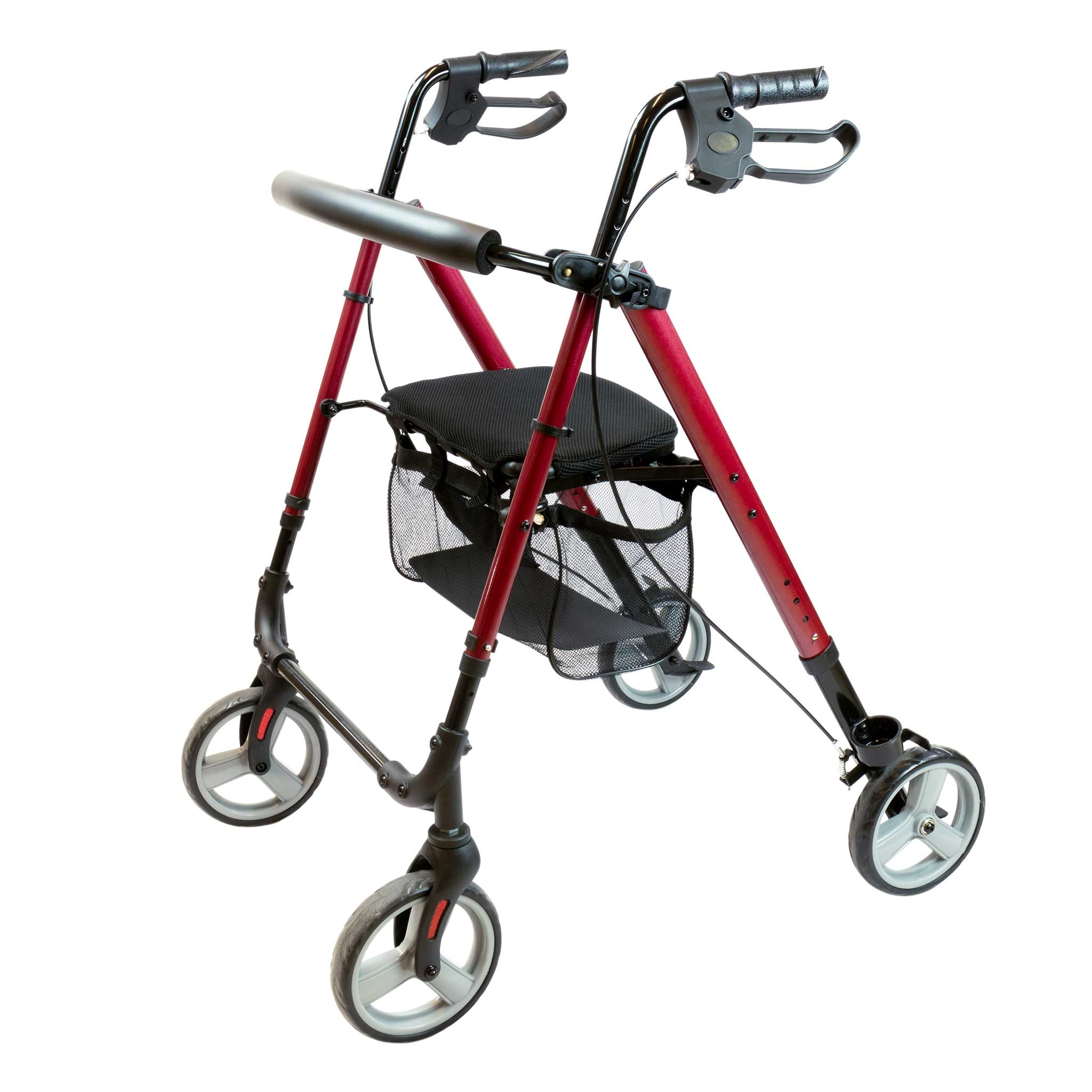 Ein roter Rollator mit schwarzem Sitz und Netzfächern vor weißem Hintergrund.
