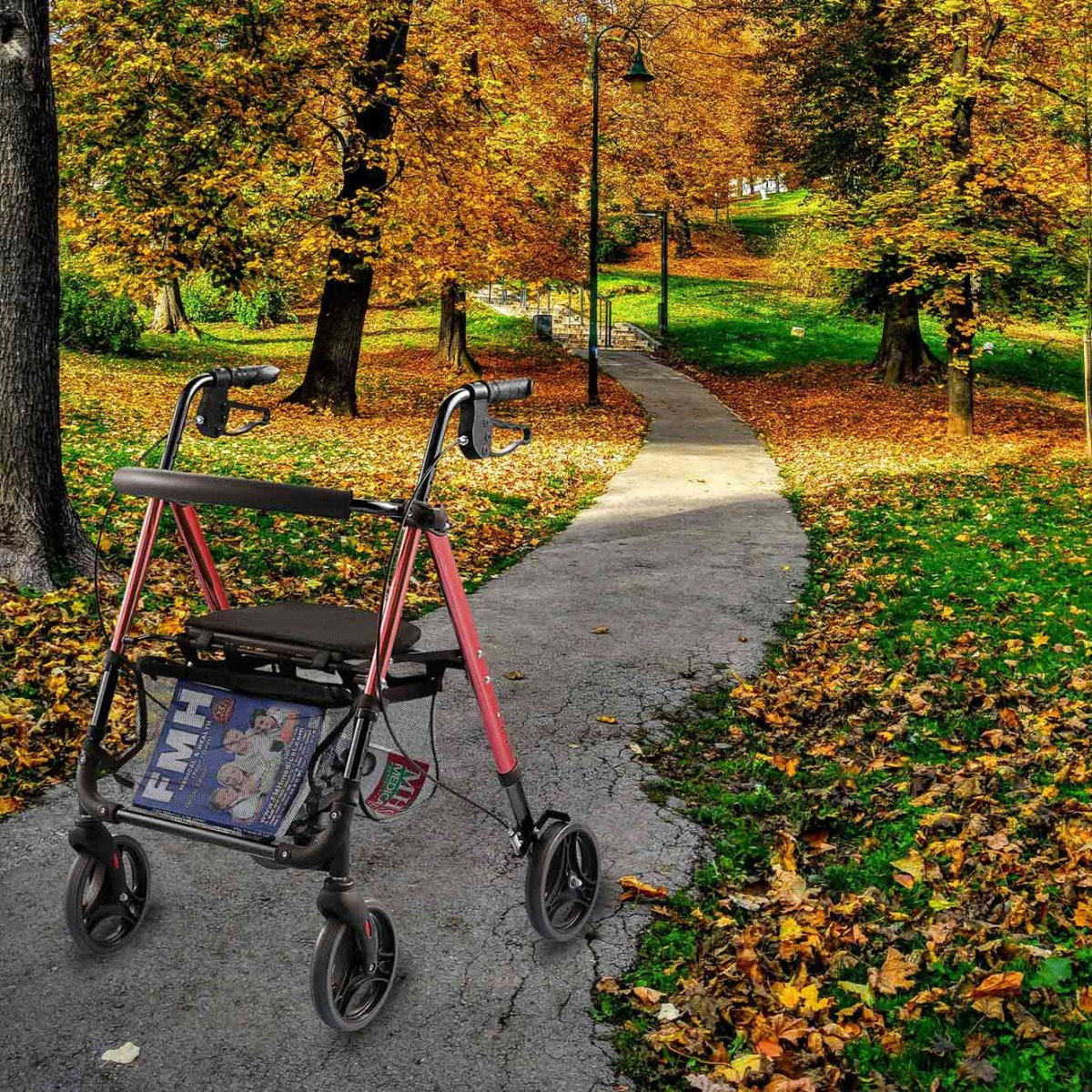 Ein roter Rollator mit Sitz steht auf einem Weg in einem Herbstpark mit Herbstlaub.