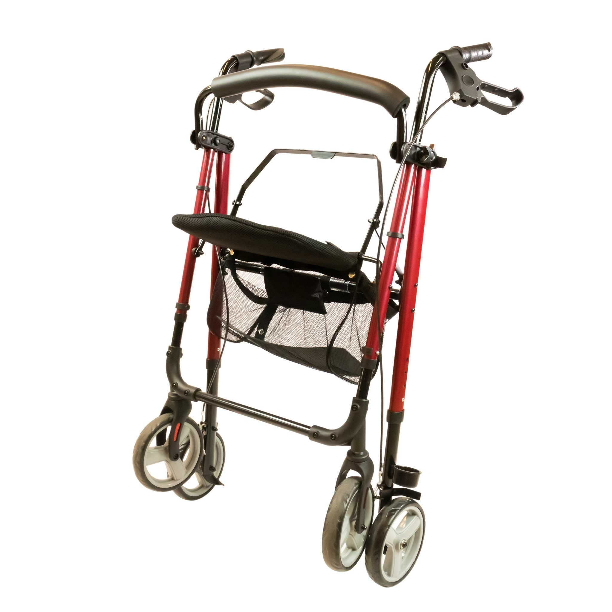 Roter Rollator mit Sitz und Netzkorb, auf weißem Hintergrund.