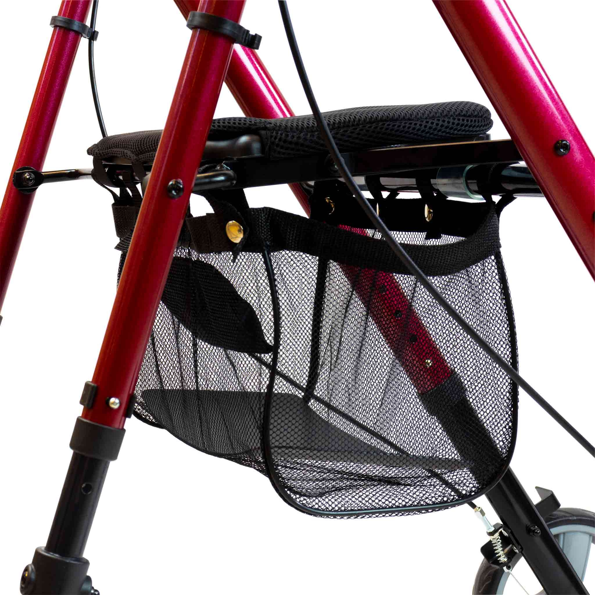 Roter Rollator mit schwarzer Netztasche und Sitz.