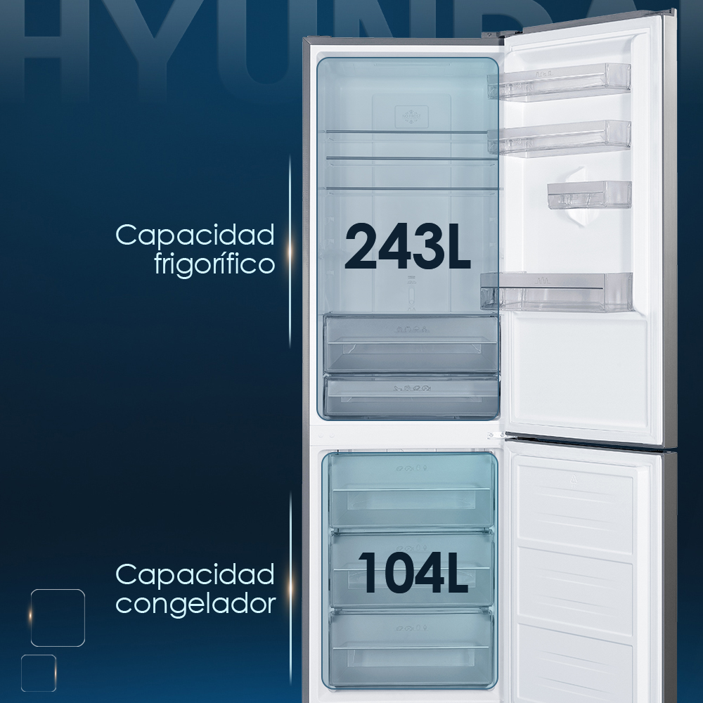 Refrigerador abierto con 243L de capacidad y 104L de congelador.