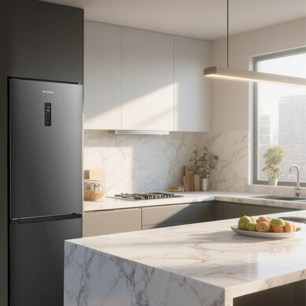 Cocina moderna con refrigerador oscuro, encimeras de mármol y frutero.