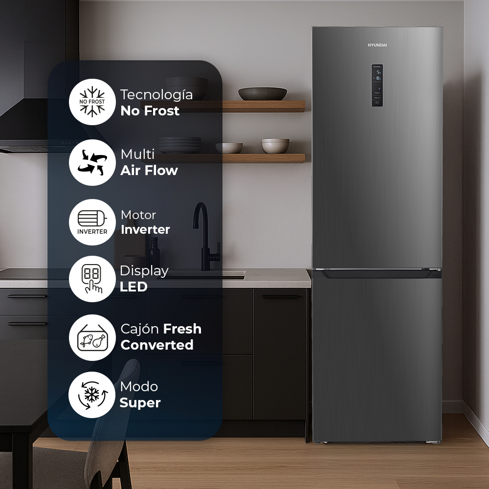 Un refrigerador oscuro con pantalla táctil y funciones como No Frost, Multi Air Flow.