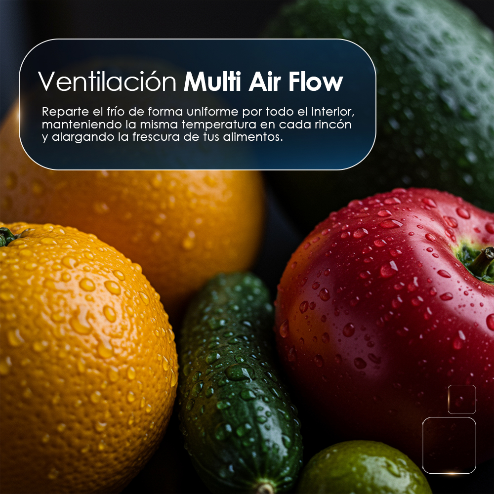 Frutas y verduras frescas con gotas de agua, con texto sobre flujo de aire.