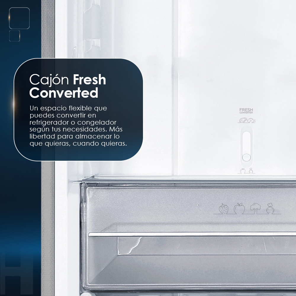 Un cajón de refrigerador con texto, convertible a nevera o congelador.