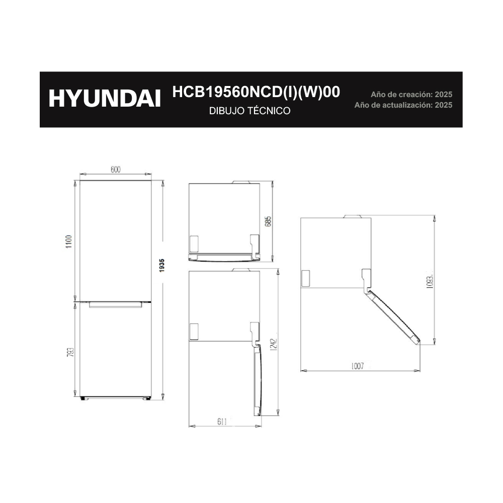 Dibujo técnico de un refrigerador Hyundai con dimensiones.