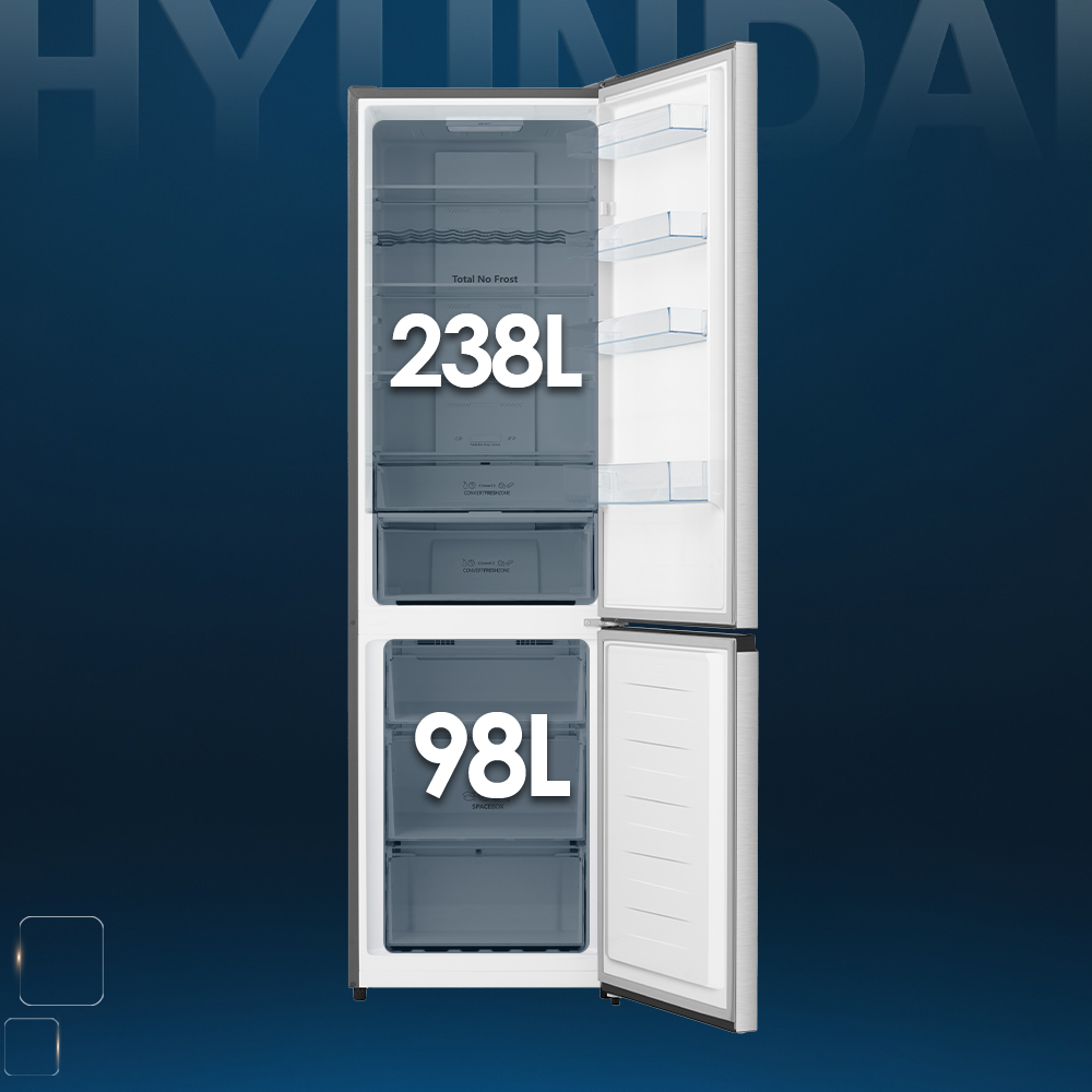 Un refrigerador abierto que muestra 238L de capacidad de refrigeración y 98L de congelación.