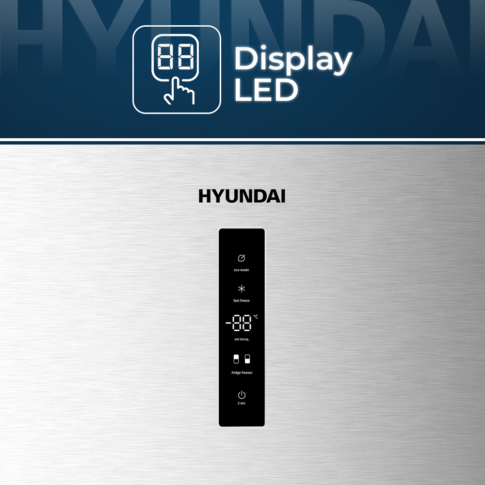 Refrigerador Hyundai con pantalla LED y controles para modo eco.