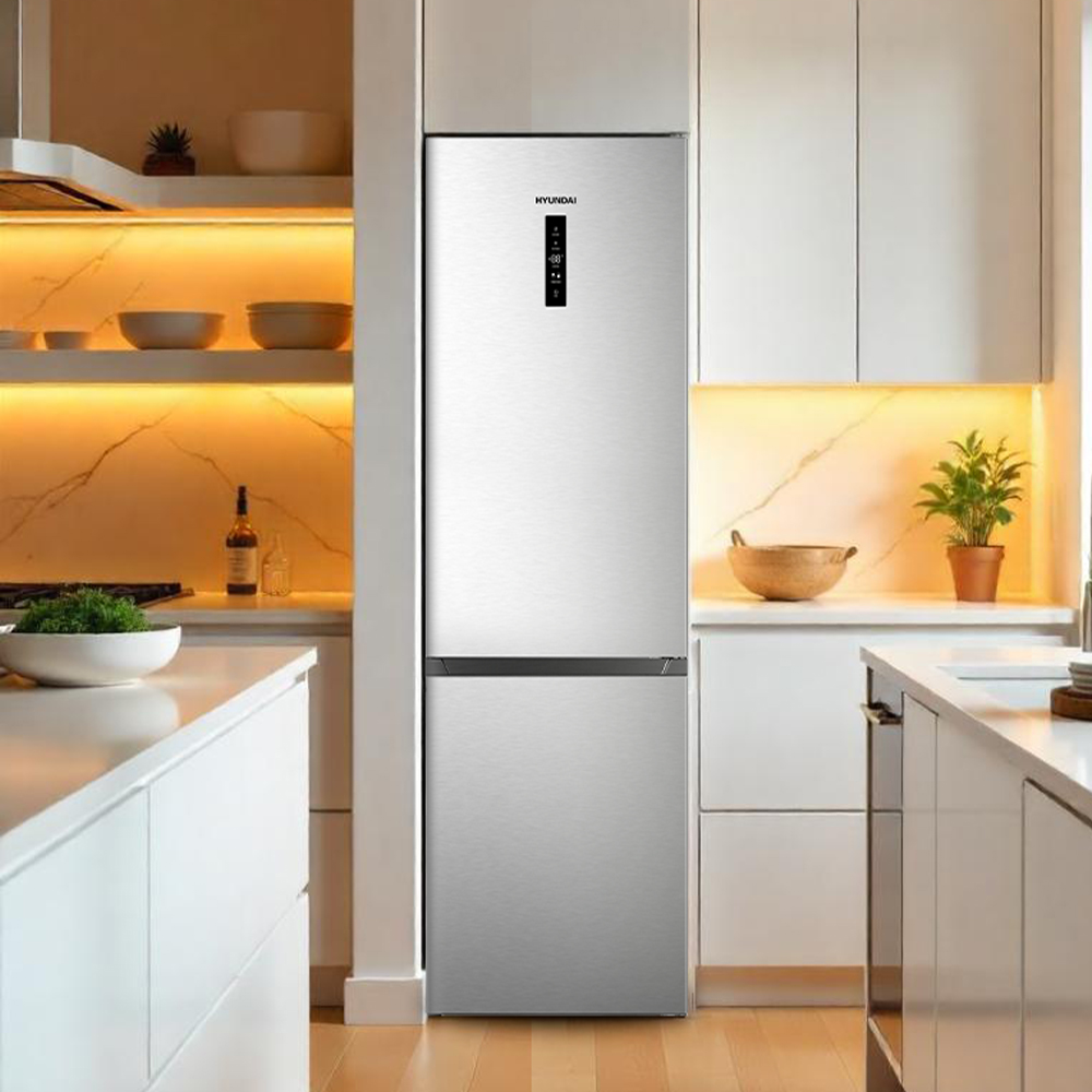 Refrigerador plateado moderno con pantalla negra en una cocina luminosa.