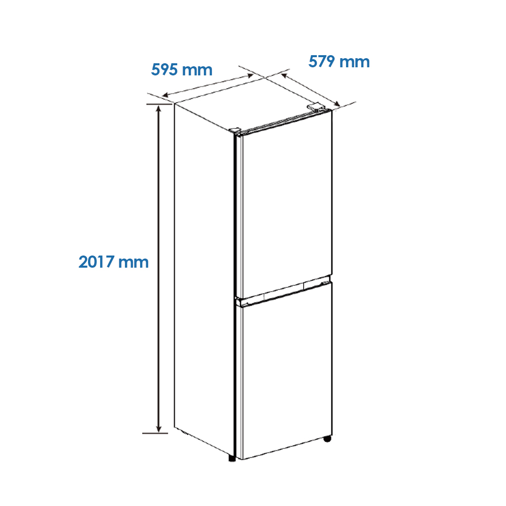 Refrigerador con dimensiones: Alto 2017 mm, Ancho 595 mm, Prof. 579 mm.