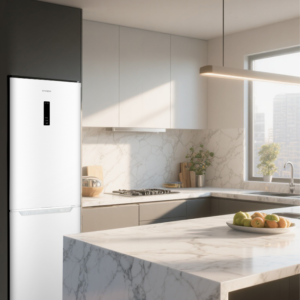 Moderna cocina blanca con encimeras de mármol, refrigerador y vista a ventana.