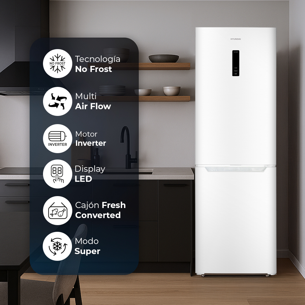 Refrigerador blanco Hyundai con No Frost, Multi Air Flow, Motor Inverter, Pantalla LED.
