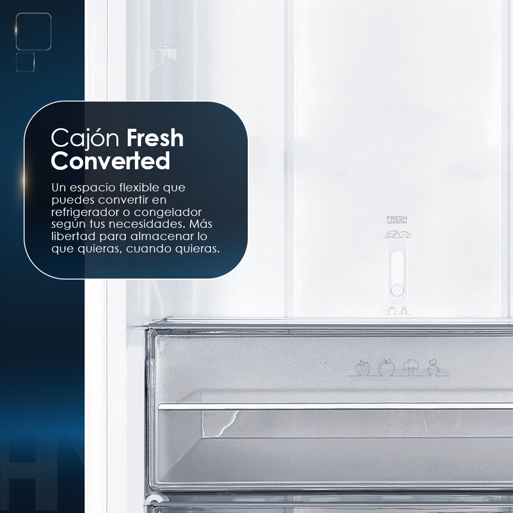 Un compartimento de refrigerador con texto que destaca la flexibilidad.