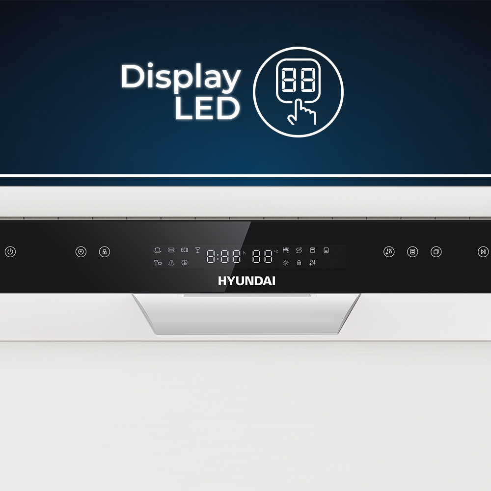 Panel de control con pantalla LED y símbolos para un lavavajillas.
