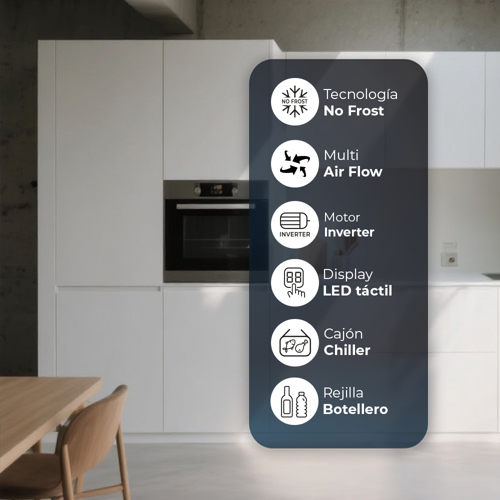 Cocina moderna con características: No Frost, Multi Air Flow, Inverter, Pantalla LED, Cajón Chiller.