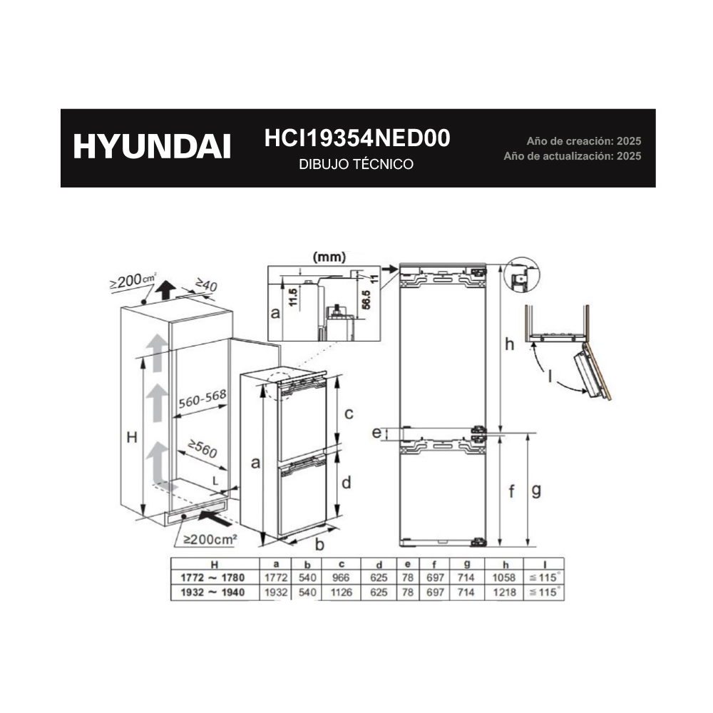 Dibujo técnico de un refrigerador HYUNDAI, mostrando dimensiones y detalles de instalación.
