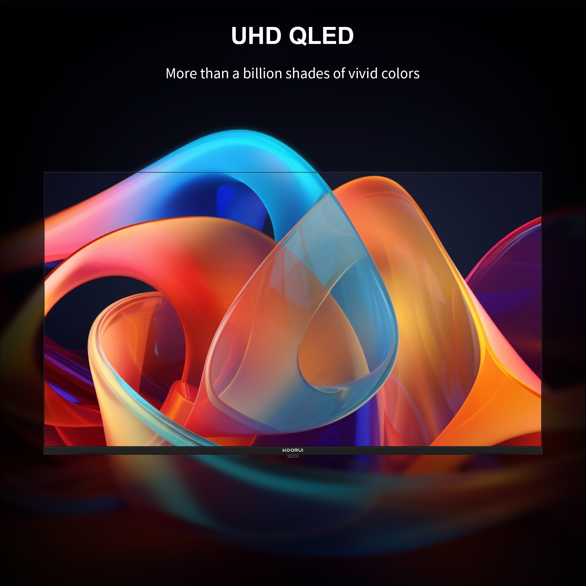 Ein UHD QLED Monitor zeigt ein lebendiges, abstraktes Bild mit fließenden Formen in Blau, Orange und Rot.